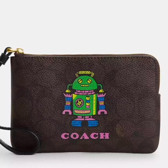 Coach Corner Zip Wristlet In Signature Canvas With Robot Print - Picture 2 of 4